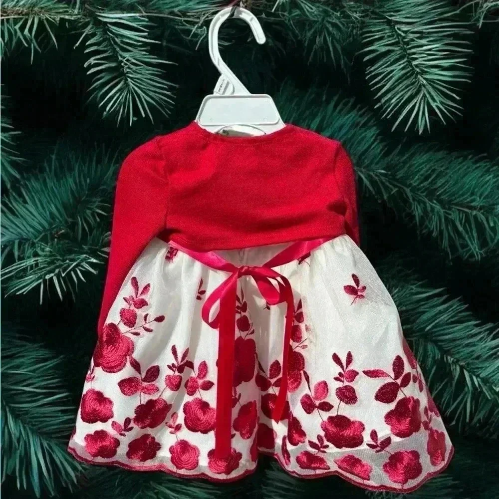 3-6mo Embroidered Christmas white and red Purple&Rose dress. Dsct w bundle.